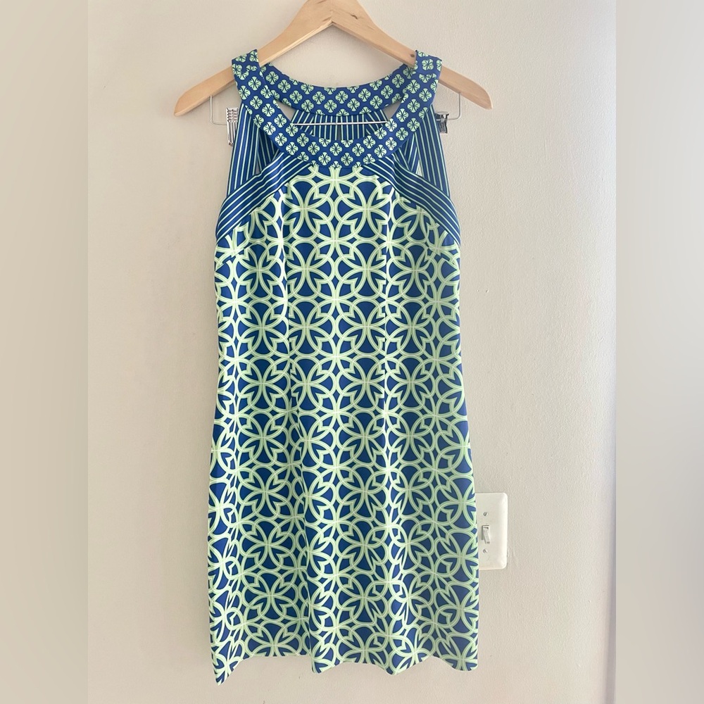 Gretchen Scott Green Blue Sleeveless Dress Geometric Pattern Women’s Sz Size S